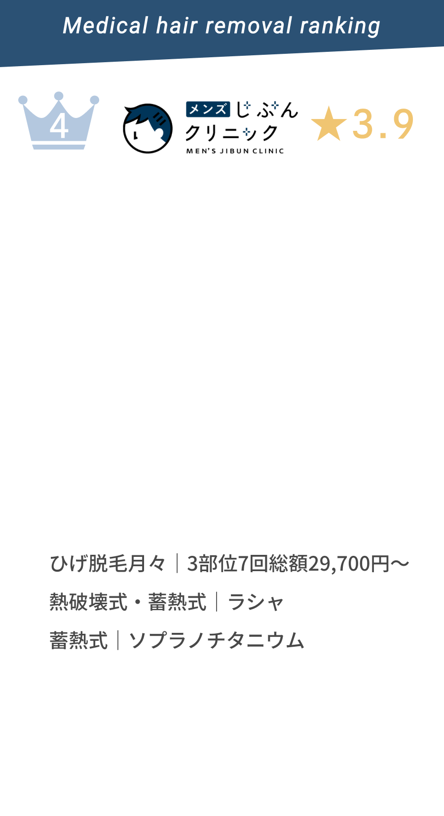 メンズ じぶん クリニック★3.9　ひげ脱毛|29,700円〜。熱破壊式・蓄熱式|ラシャ 蓄熱式|ソプラノチタニウムを使用。