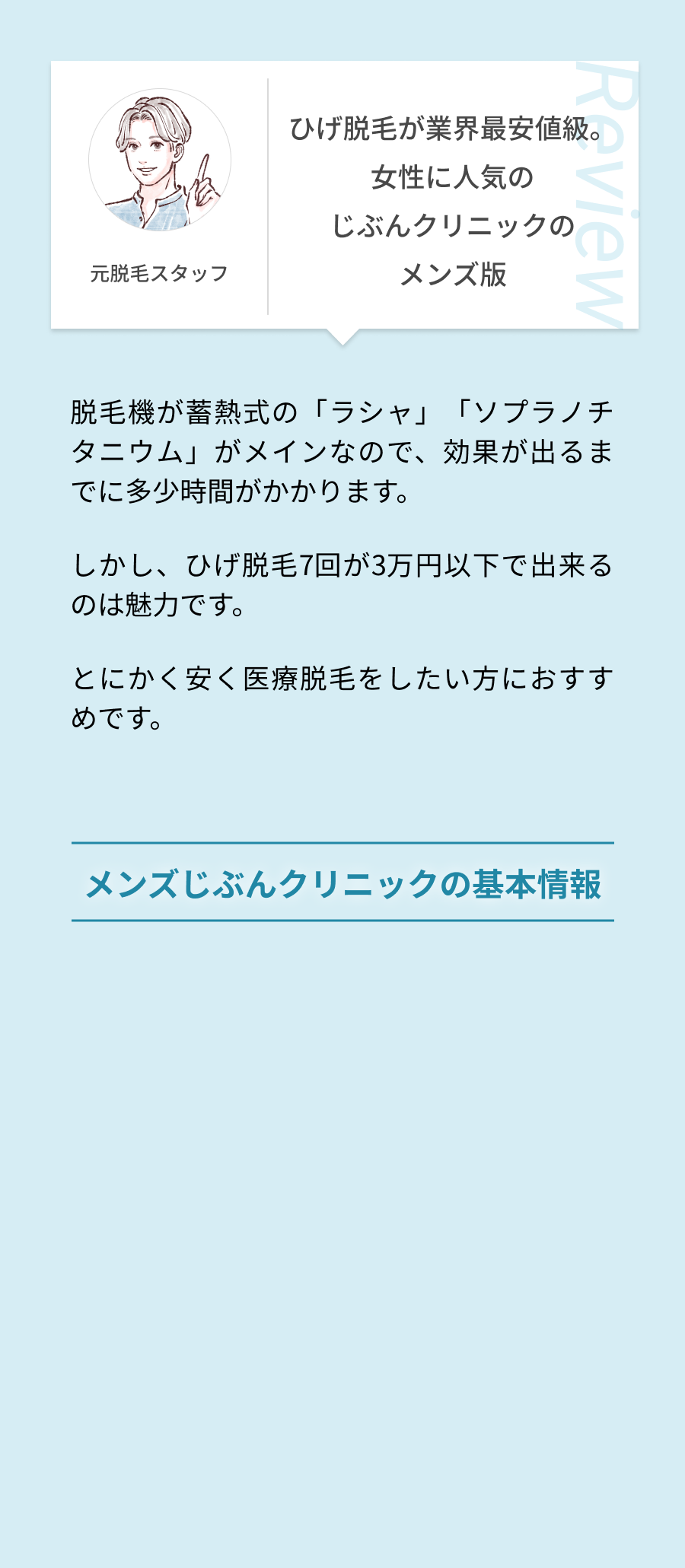 ひげ脱毛が業界最安値級。女性に人気のじぶんクリニックのメンズ版