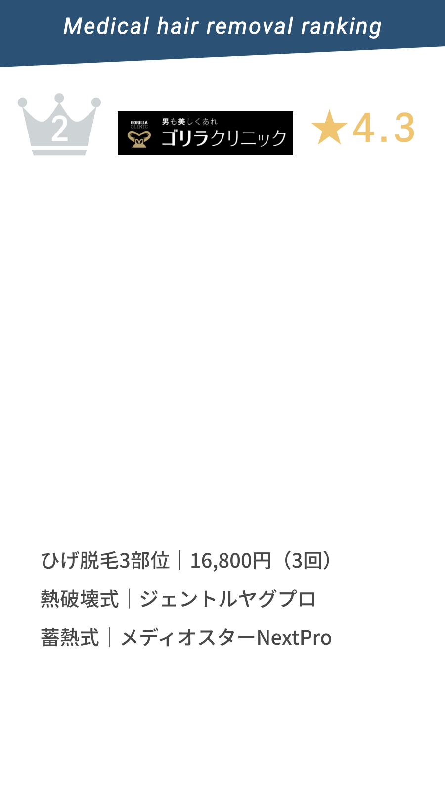 ゴリラクリニック ★4.1 ひげ脱毛|46,800〜。熱破壊式|ジェントルヤグプロ 畜熱式|メディオスターNextProを使用