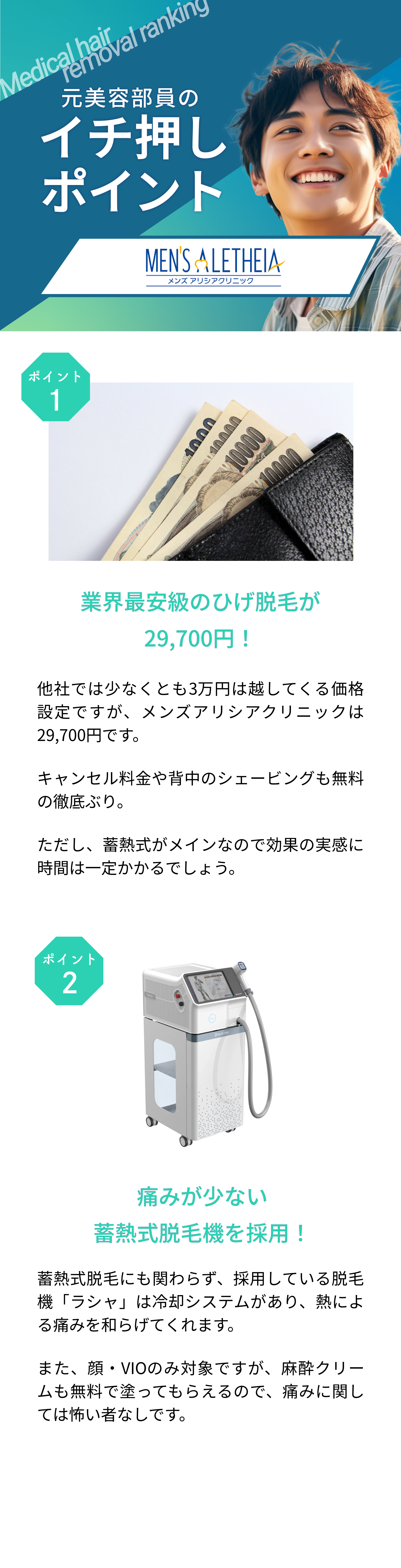 元美容部員が選ぶおすすめポイント。ポイント①業界最安の髭脱毛が69,800円！ポイント②痛みが少ない畜熱式脱毛器を採用！