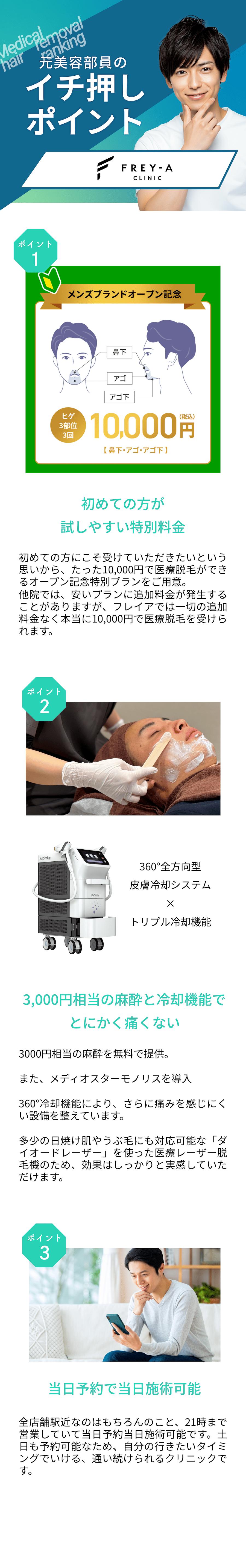元美容部員が選ぶおすすめポイント。ポイント①初めての方が試しやすい特別料金 ポイント②3,000円相当の麻酔と冷却機能でとにかく痛くない　ポイント③当日予約で当日施術可能