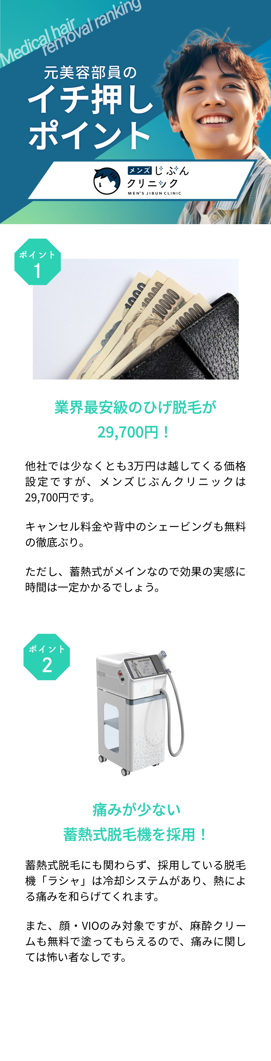 元美容部員が選ぶおすすめポイント。ポイント①業界最安の髭脱毛が69,800円！ポイント②痛みが少ない畜熱式脱毛器を採用！